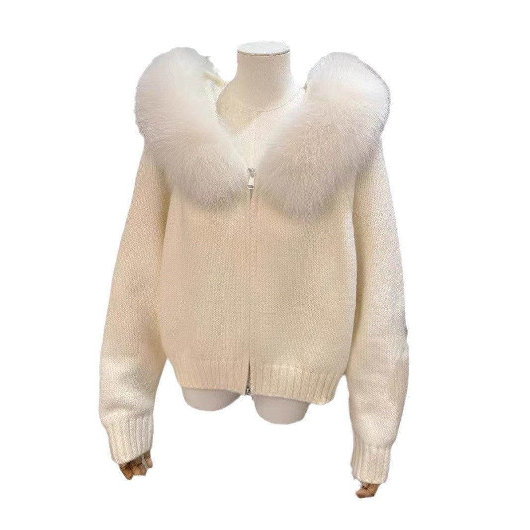 Cardigan en tricot à col en fourrure à capuche