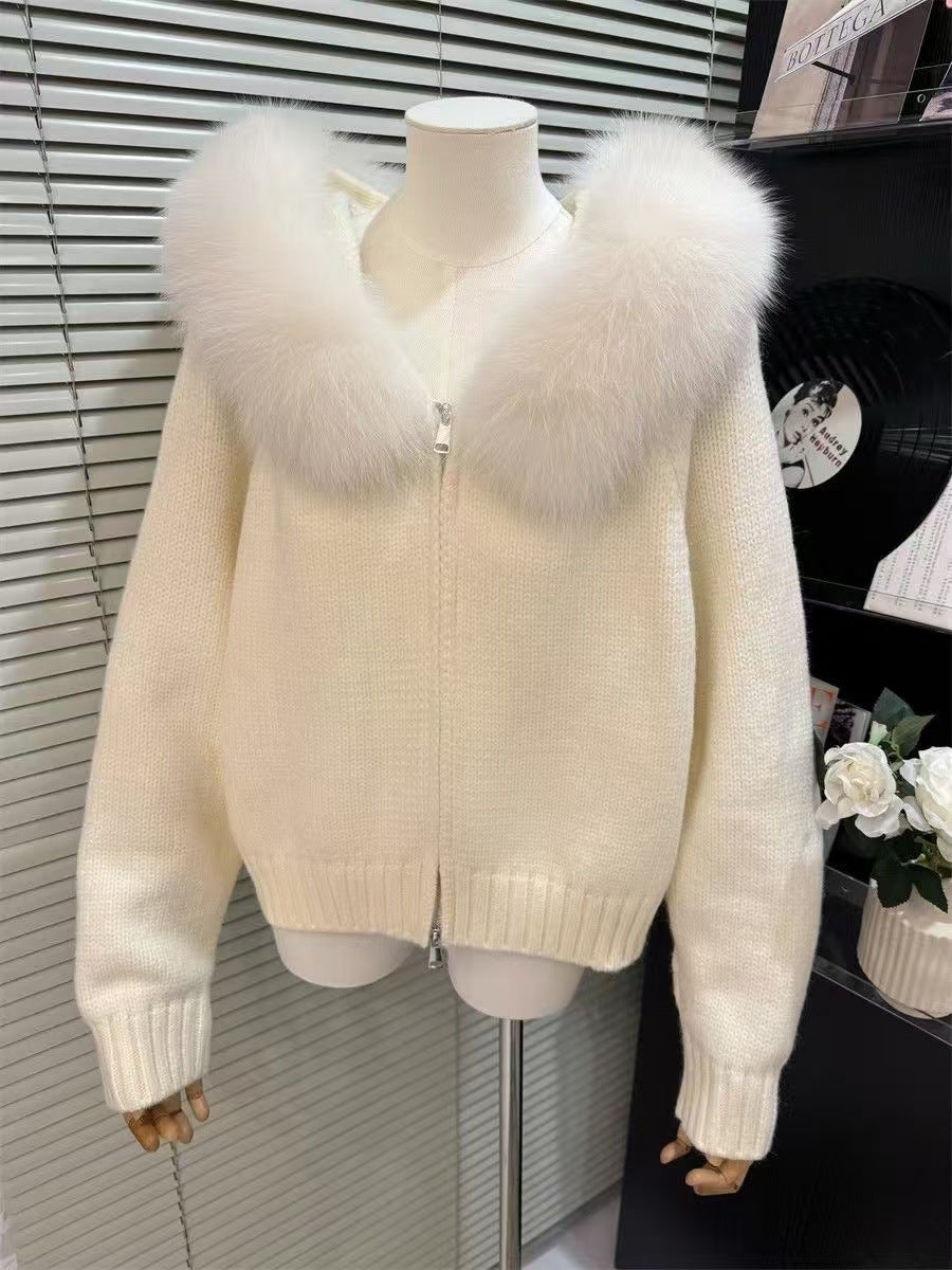 Cardigan en tricot à col en fourrure à capuche