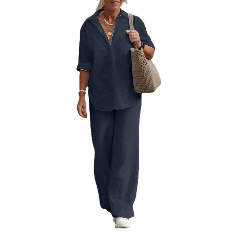 Women Cotton Linen Pants Sets 2 Pieces Casual Button Long Sleeve Blouse Shirts & High Elastic Wide Leg Trousers Suits