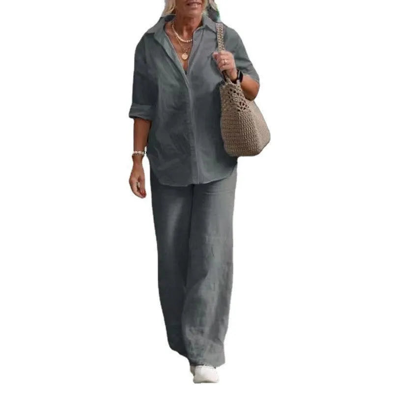 Women Cotton Linen Pants Sets 2 Pieces Casual Button Long Sleeve Blouse Shirts & High Elastic Wide Leg Trousers Suits