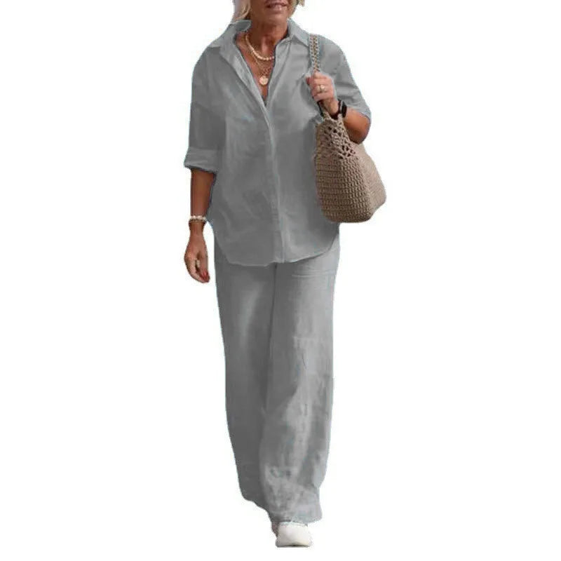 Women Cotton Linen Pants Sets 2 Pieces Casual Button Long Sleeve Blouse Shirts & High Elastic Wide Leg Trousers Suits