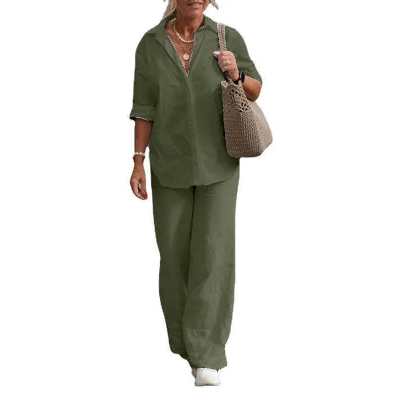 Women Cotton Linen Pants Sets 2 Pieces Casual Button Long Sleeve Blouse Shirts & High Elastic Wide Leg Trousers Suits