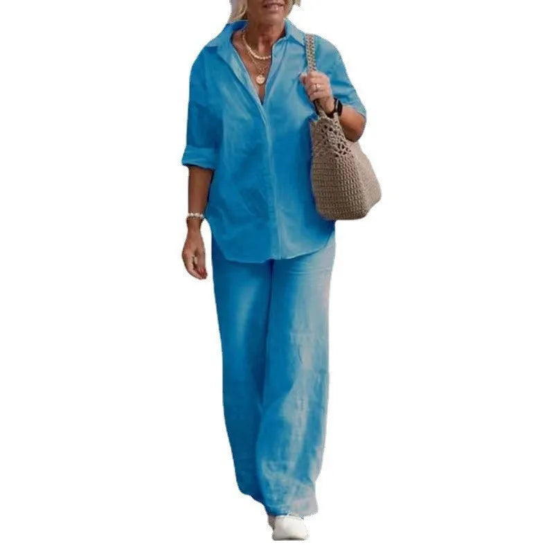 Women Cotton Linen Pants Sets 2 Pieces Casual Button Long Sleeve Blouse Shirts & High Elastic Wide Leg Trousers Suits