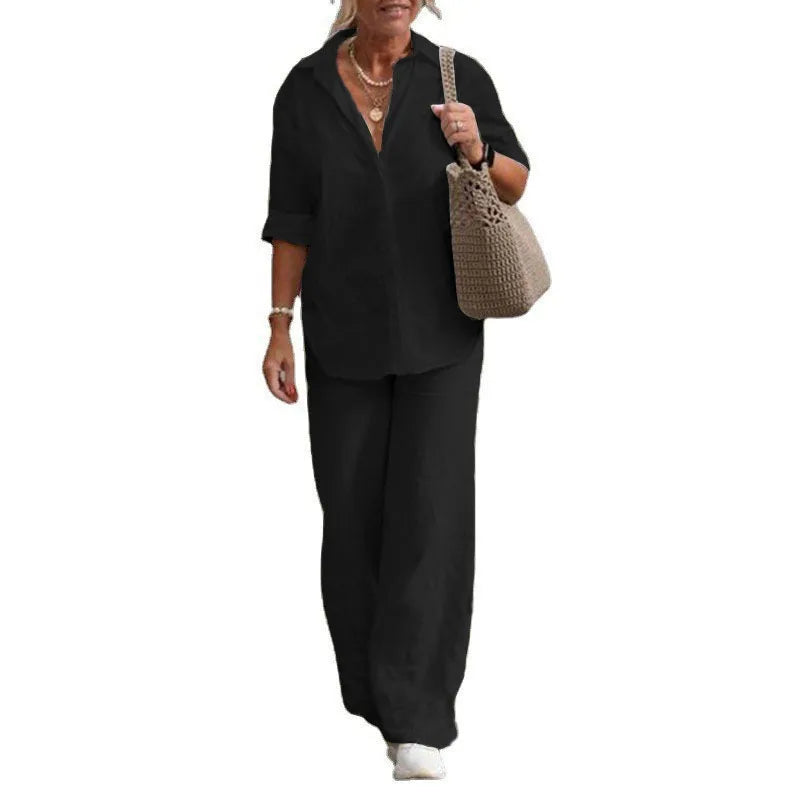 Women Cotton Linen Pants Sets 2 Pieces Casual Button Long Sleeve Blouse Shirts & High Elastic Wide Leg Trousers Suits