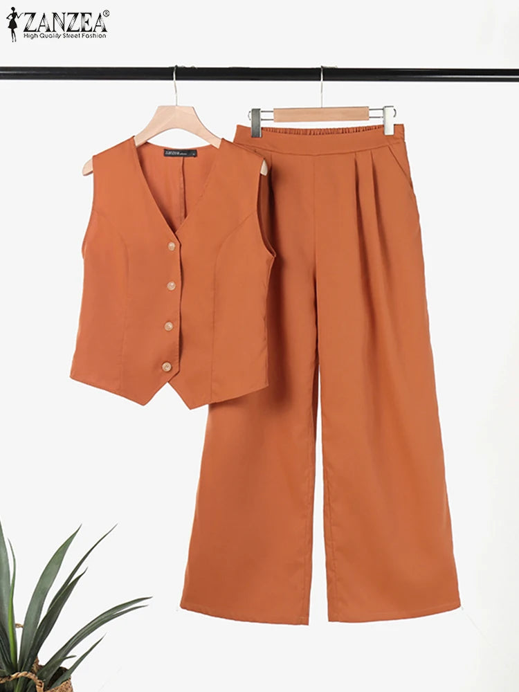 2025 ZANZEA Woman Elegant 2-Piece Pant Sets Casual Vest and Pants Sets Old Money Style Suits 2pcs Outfits Wide Leg Trouser Sets