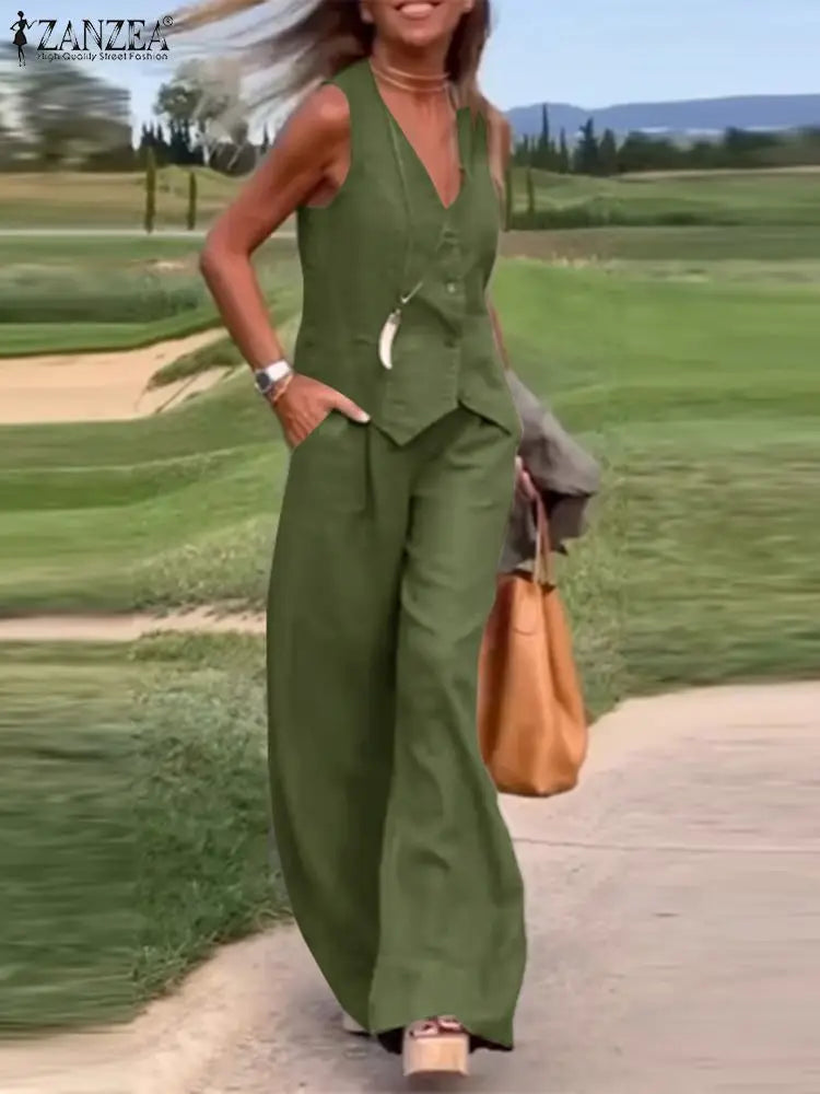 2025 ZANZEA Woman Elegant 2-Piece Pant Sets Casual Vest and Pants Sets Old Money Style Suits 2pcs Outfits Wide Leg Trouser Sets