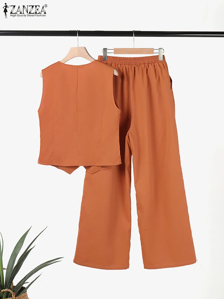 2025 ZANZEA Woman Elegant 2-Piece Pant Sets Casual Vest and Pants Sets Old Money Style Suits 2pcs Outfits Wide Leg Trouser Sets