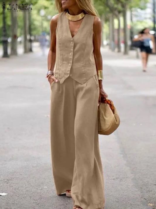 2025 ZANZEA Woman Elegant 2-Piece Pant Sets Casual Vest and Pants Sets Old Money Style Suits 2pcs Outfits Wide Leg Trouser Sets