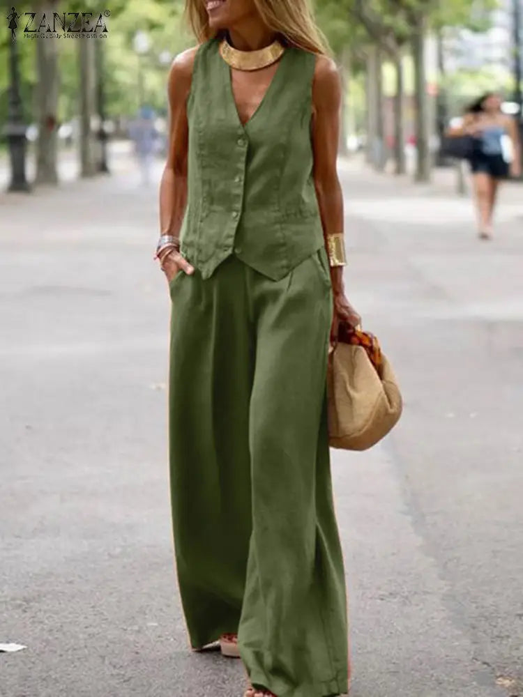 2025 ZANZEA Woman Elegant 2-Piece Pant Sets Casual Vest and Pants Sets Old Money Style Suits 2pcs Outfits Wide Leg Trouser Sets