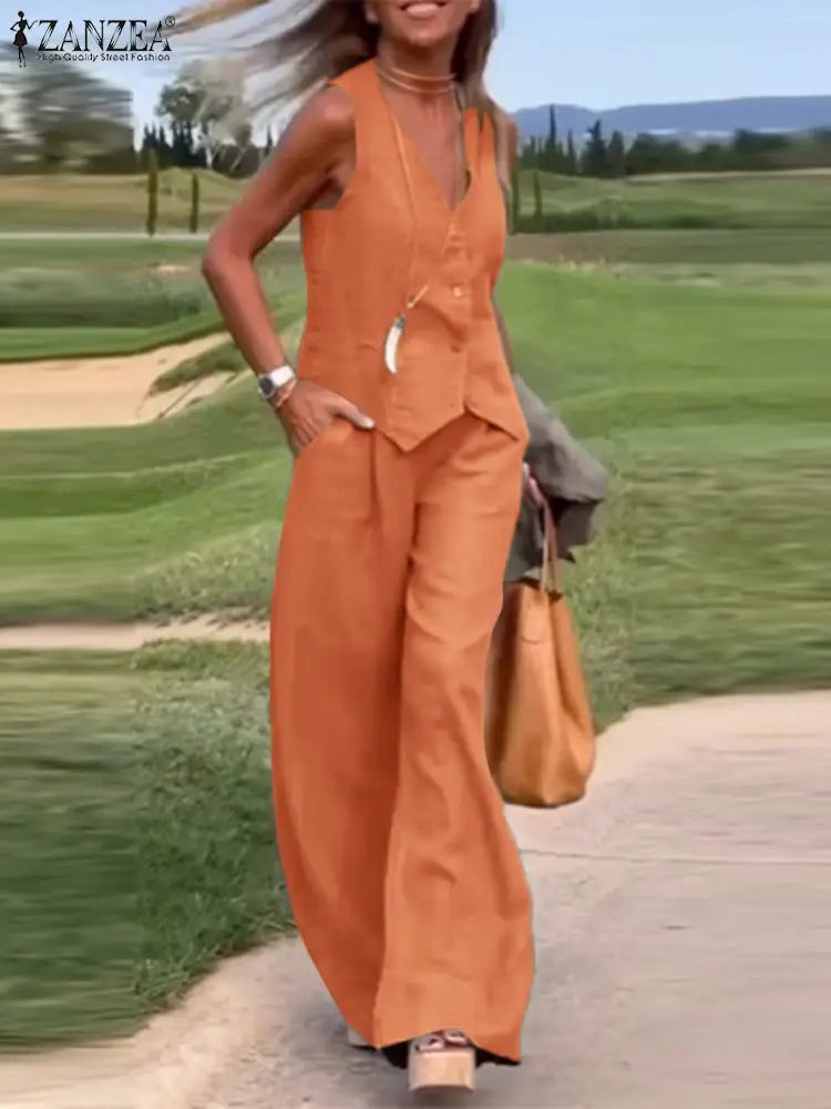 2025 ZANZEA Woman Elegant 2-Piece Pant Sets Casual Vest and Pants Sets Old Money Style Suits 2pcs Outfits Wide Leg Trouser Sets