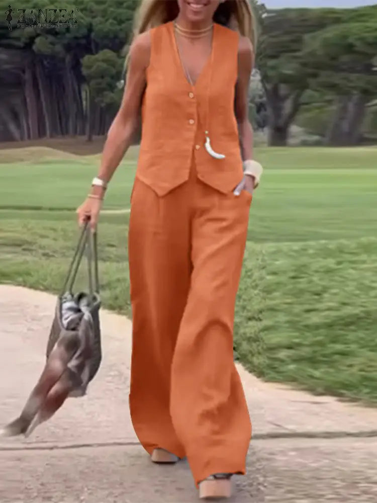 2025 ZANZEA Woman Elegant 2-Piece Pant Sets Casual Vest and Pants Sets Old Money Style Suits 2pcs Outfits Wide Leg Trouser Sets